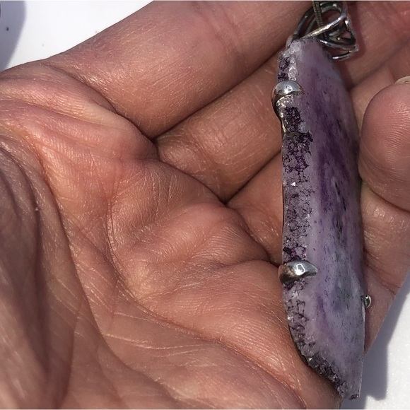 VTG Sterling Amethyst Druzy Slice Pendsnt w 925 Snake Chain 19” / 2.5” Pendant - Picture 9 of 11